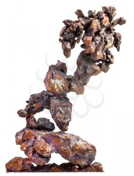 macro shooting of natural mineral stone - twig of Native copper mineral isolated on white background
