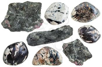 set of various aegirine (acmite, augite) crystals in natural mineral stones and gemstones isolated on white background