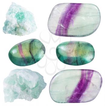 set of various fluorite natural mineral stones and gemstones isolated on white background