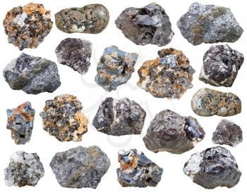 set of various galenite and sphalerite natural mineral stones and crystals isolated on white background
