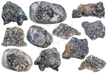 set of various magnetite natural mineral stones, ore, rocks and gemstones isolated on white background