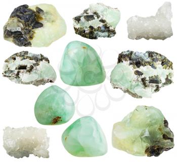 set of various prehnite natural mineral stones and gemstones isolated on white background