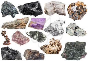 set of various natural mineral stones and rocks: copper, astrophyllite, shungite, baryte, hornblende, nepheline, syenite, dolomite, bismuthinite, aegirine, galena, etc isolated on white background