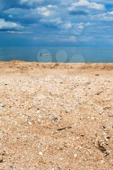 Foreground focus - sand and shelly beach close up and dark blue sea. Coastline of Sea of Azov, Temryuk bay, Golubitskaya resort, Taman peninsula, Kuban, Russia