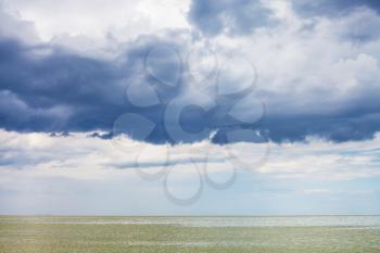 dark blue storm clouds over Sea of Azov, Temryuk bay, Golubitskaya resort, Taman peninsula, Kuban, Russia