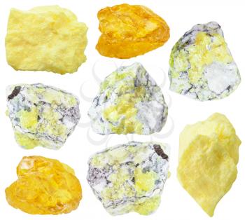 collection from specimens of sulfur (brimstone, sulphur) ore isolated on white background