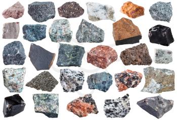 set of Igneous rock specimens - pegmatite, basalt, trachyte, orthoclase, rhyolite, andesite, dacite, granite, carbonatite, diorite, glassbasalt, dunite, gabbro, kimberlite, obsidian, etc isolated