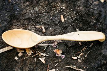traditional wooden spoon carved from maple wood lying on ground