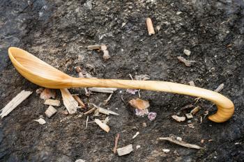 side view of wooden spoon carved from Alder wood lying on ground