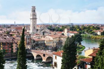 travel to Italy - view of Verona city with ponte pietra bridge and Duomo from Castel San Pietro
