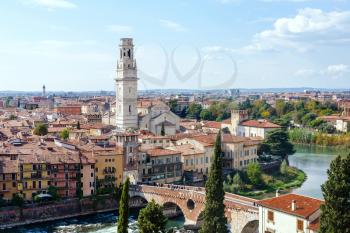 travel to Italy - skyline of Verona city with ponte pietra bridge and Duomo from Castel San Pietro