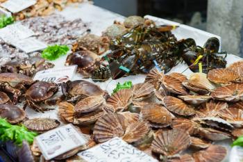 travel to Italy - clams and crabs on ice in market in Venice city