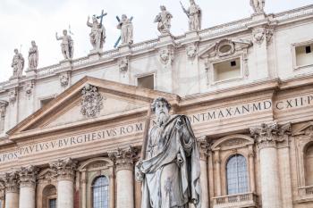 travel to Italy - Statue Paul the Apostle in front of St Peter's Basilica on piazza San Pietro in Vatican city