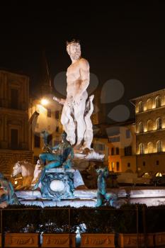 travel to Italy - Fountain of Neptune on the Piazza della Signoria (Signoria square), in Florence city in night