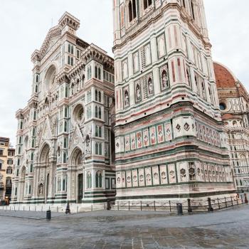 travel to Italy - view of Giotto's Campanile and Duomo Cathedral (Cattedrale Santa Maria del Fiore, Duomo di Firenze, Cathedral of Saint Mary of the Flowers) in Florence city in morning