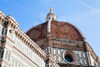 travel to Italy - view of dome of Florence Duomo Cathedral (Cattedrale Santa Maria del Fiore, Duomo di Firenze, Cathedral of Saint Mary of the Flowers) from Piazza del Duomo in Florence city