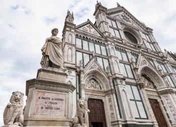 travel to Italy - monument of Dante Alighieri and Basilica di Santa Croce (Basilica of the Holy Cross) in Florence city