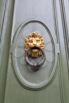 travel to Italy - lion head knocker on green door in Florence city