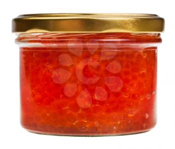 side view of closed glass jar with red caviar of pink salmon isolated on white background