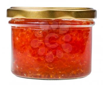front view of closed glass jar with red caviar of pink salmon isolated on white background