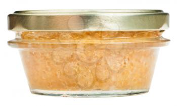 front view of closed glass jar with yellow caviar of pike fish isolated on white background