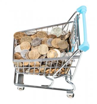 shopping cart with russian coins isolated on white background