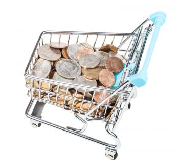 shopping carriage with US coins isolated on white background