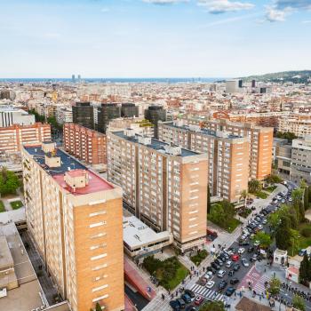 above view of residential district in Barcelona city in spring evening