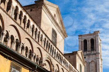 travel to Italy - walls and campanile of Duomo Cathedral in Ferrara city