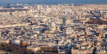 travel to France - above view of in Paris city with Pantheon at winter sunset from Tour Maine - Montparnasse (Montparnasse Tower)