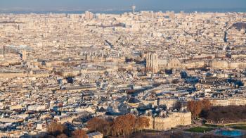 travel to France - panorama of Paris city with Luxembourg garden at winter sunset from Tour Maine - Montparnasse (Montparnasse Tower))