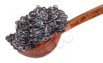 pickled black colored caviar of halibut fish in wooden spoon isolated on white background