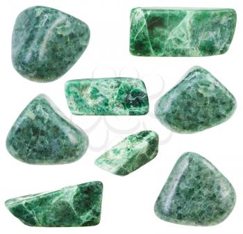 collection of various tumbled green jadeite mineral stones isolated on white background