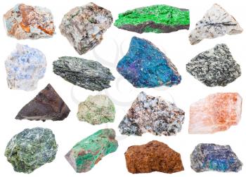collection of various raw mineral stones - uvarovite, vishnevite, actinolite, pintadoite, selenite, tagamite, limonite, scorodite, serpentine, lujaurite, chalcopyrite, etc