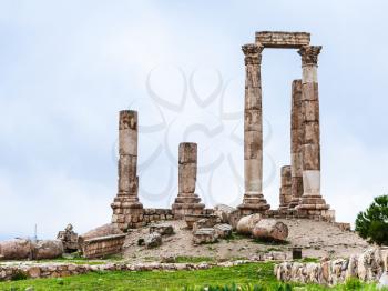 Travel to Middle East country Kingdom of Jordan - Temple of Hercules at Amman Citadel in winter