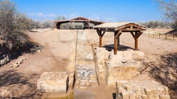 Travel to Middle East country Kingdom of Jordan - ruins of Baptism Site Bethany Beyond the Jordan (Al-Maghtas) on the east bank of the Jordan River in winter
