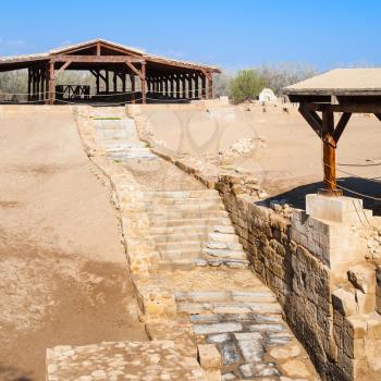 Travel to Middle East country Kingdom of Jordan - historical Baptism Site Bethany Beyond the Jordan (Al-Maghtas) on the east bank of the Jordan River in winter