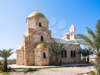 Travel to Middle East country Kingdom of Jordan - newly built Greek Orthodox Church of John the Baptist near Baptism Site Bethany Beyond the Jordan (Al-Maghtas) on east bank of Jordan River in winter