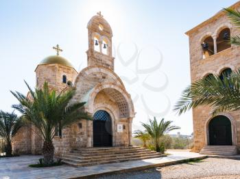 Travel to Middle East country Kingdom of Jordan - Greek Orthodox Church of John the Baptist and bell tower near Baptism Site Bethany Beyond the Jordan (Al-Maghtas) on east bank of Jordan River