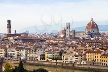 travel to Italy - above view of old district in Florence city from Piazzale Michelangelo in autumn evening