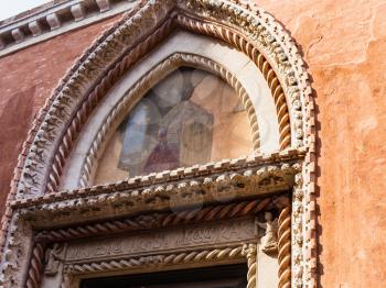 travel to Italy - decoration of portal of Chiesa di San Paolo Apostolo (San Polo) in Venice city in spring