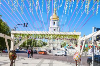 KIEV, UKRAINE - MAY 5, 2017: view of bell tower of Saint Sophia Cathedral from St Michael (Mykhailivska ) Square. Mikhailovskaya is one of the oldest square in Kiev, it was formed in the XII century