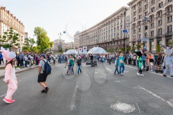 KIEV, UKRAINE - MAY 6, 2017: people on Khreshchatyk street on pedestrian zone during holidays Victory Day over Nazism in World War II and Day of Remembrance and Reconciliation in Kiev city