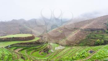 travel to China - above view of terraced rice fields on hills from Tiantouzhai village in area Dazhai Longsheng Rice Terraces (Dragon's Backbone terrace, Longji Rice Terraces) country in spring