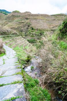 travel to China - water flow and path between terraced hills of Dazhai village in area of Longsheng Rice Terraces (Dragon's Backbone terrace, Longji Rice Terraces) in spring