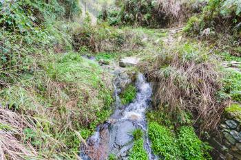 travel to China - water stream on mountain slope in Dazhai country of Longsheng Rice Terraces (Dragon's Backbone terrace, Longji Rice Terraces) in spring