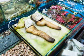 Travel to China - geoduck clams on Huangsha Aquatic Product Trading Market in Guangzhou city in spring season