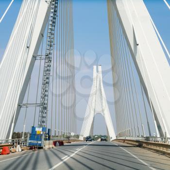 Travel to Algarve Portugal - road on cable-stayed bridge near Portimao city (Portimao bridge)