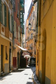 Travel to Provence, France - narrow residential street Rue de l'Abbaye in old city of Nice