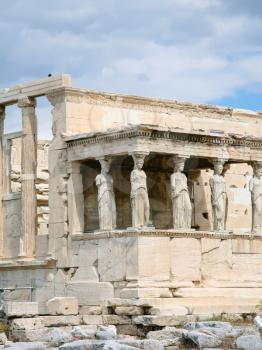 travel to Greece - view of The Porch of the Caryatids of The Erechtheum temple at Acropolis in Athens city